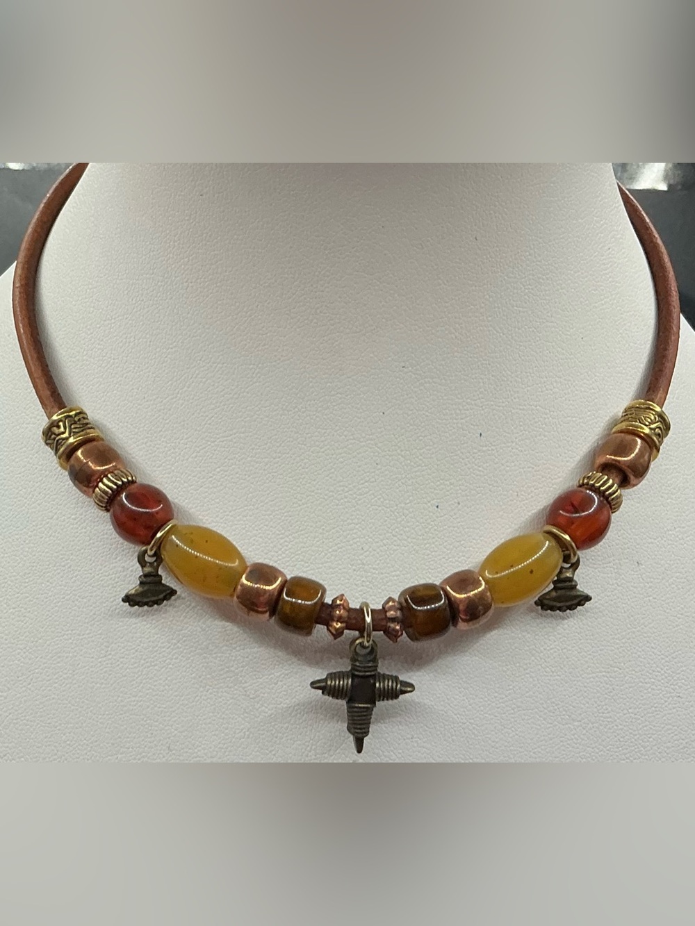 ROBERT ROSE WIRE WRAPPED CROSS FAUX LEATHER AMBER BEAD NECKLACE